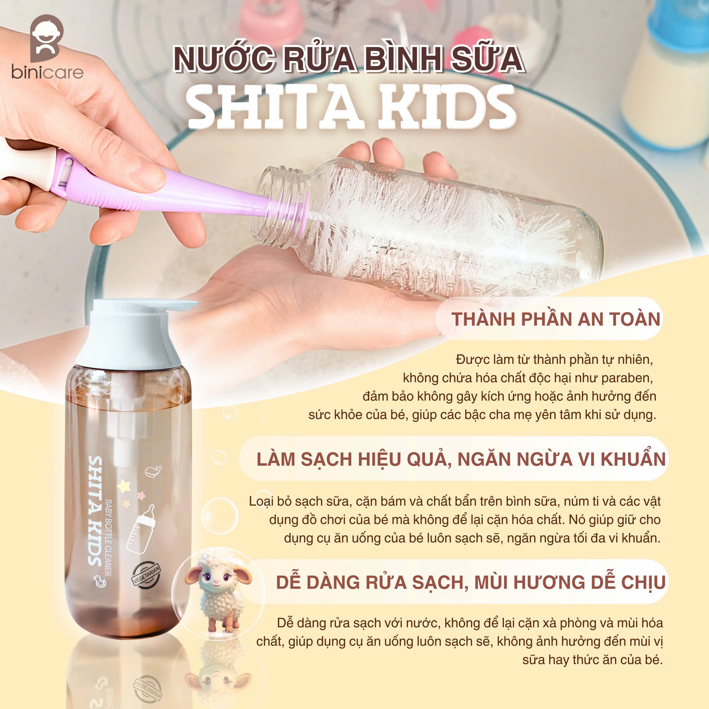 Nước rửa bình sữa giúp loại bỏ cặn sữa, thức ăn thừa và vi khuẩn gây hại, đảm bảo vệ sinh an toàn cho bé.