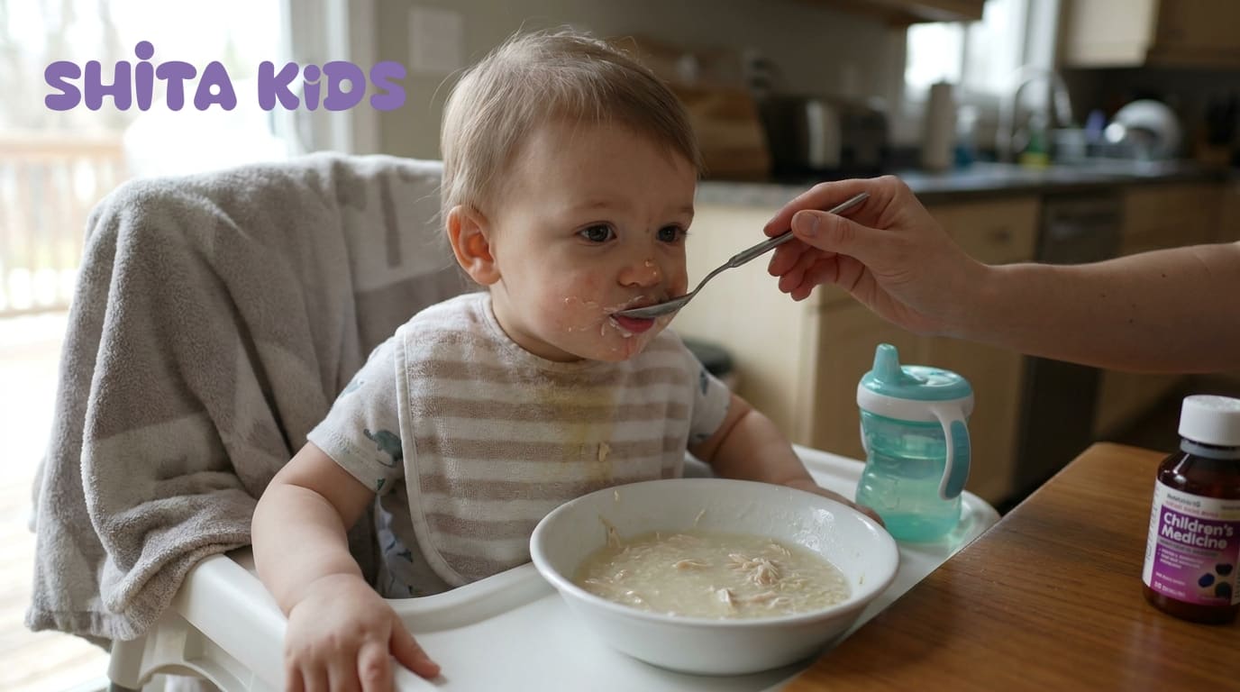 Bé 1 tuổi đang ăn cháo gà loãng khi bị ốm, ưu tiên thức ăn mềm dễ tiêu
