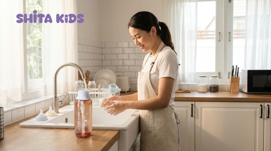 Mẹ Việt rửa bình sữa cho bé tại bếp sáng, chai nước rửa bình sữa ShitaKids đặt cạnh bồn