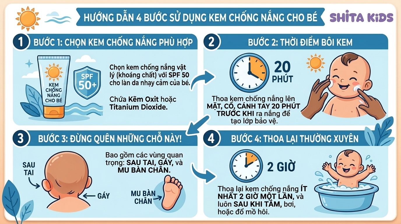  Hướng dẫn 4 bước thoa kem chống nắng SPF 50 đúng cách cho bé đi biển mùa hè