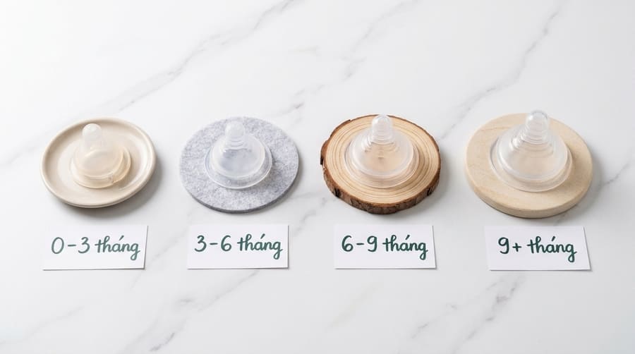 so sánh các size núm ti mềm SS S M L theo độ tuổi của bé khi tập bú bình