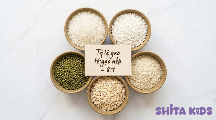 gạo tẻ và gạo nếp theo tỷ lệ 8:1 chuẩn bị làm bột ăn dặm tự làm 