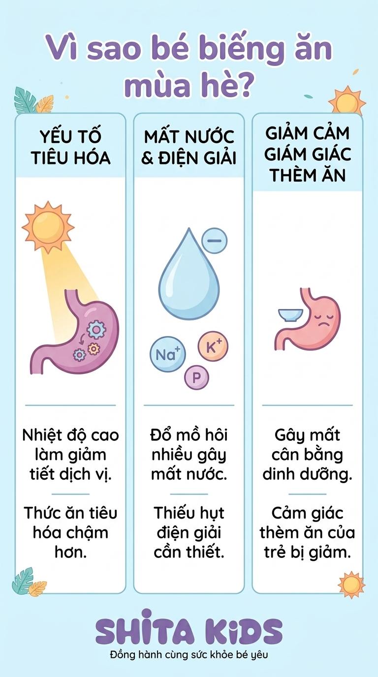 lý do bé biếng ăn mùa hè hệ tiêu hóa chậm và cách điều chỉnh món ăn dặm mát