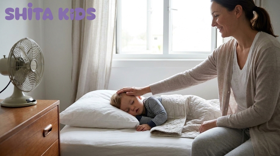 mẹ ru bé ngủ vào mùa hè nắng nóng