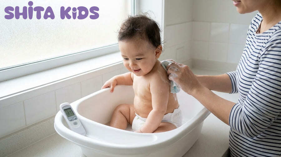 ắm đúng cách với nước ấm và sữa tắm dịu nhẹ giúp bé hết mẩn ngứa do mồ hôi