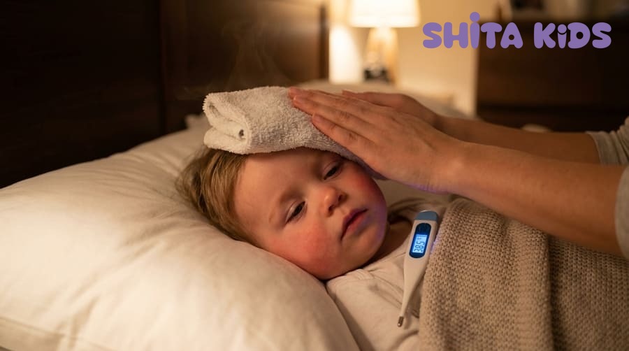 Mẹ hạ sốt cho bé bị tay chân miệng bằng khăn ấm, nhiệt kế hiển thị 38.5 độ