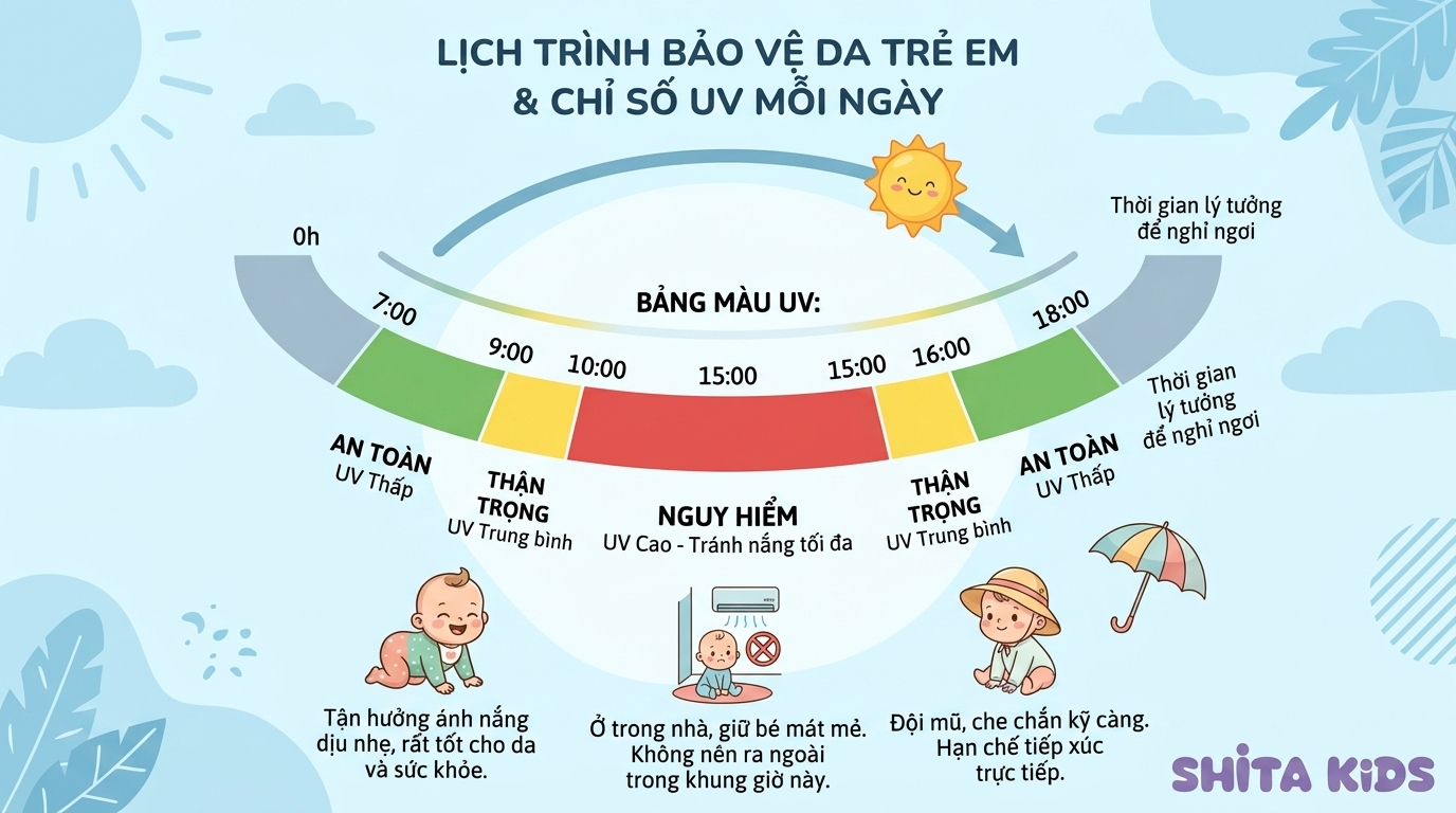 Biểu đồ khung giờ UV an toàn để cho bé xuống biển mùa hè tránh nắng gắt 10h-16h