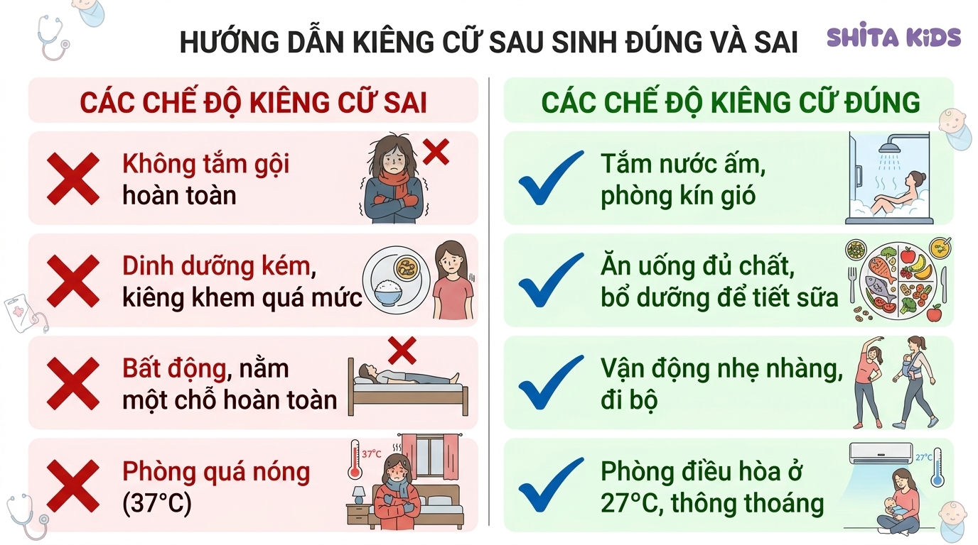 Bảng so sánh kiêng cữ sau sinh đúng và sai theo khoa học cho mẹ ở cữ mùa hè
