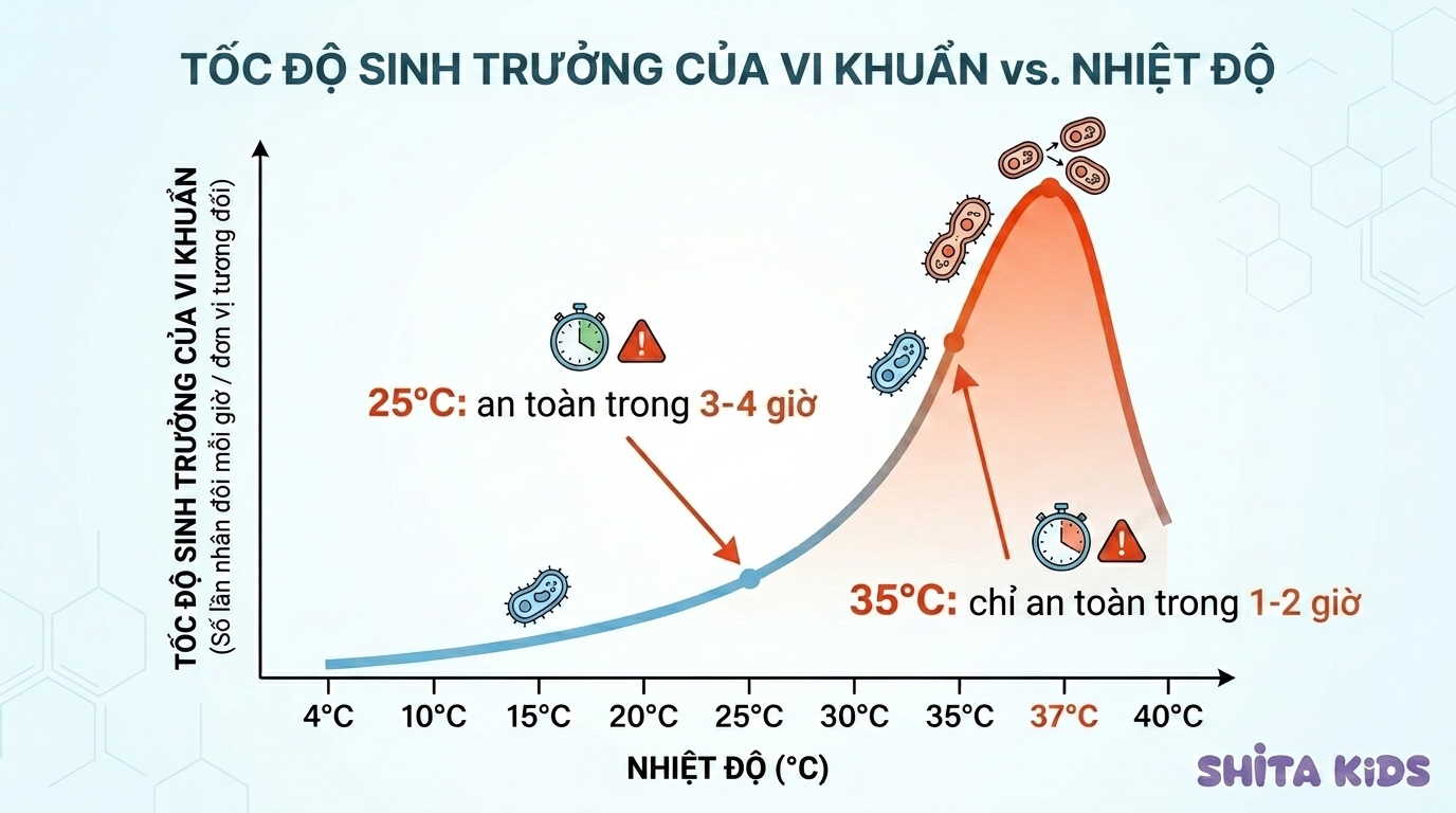 Biểu đồ tốc độ vi khuẩn sinh sôi trong sữa mẹ theo nhiệt độ mùa hè giải thích vì sao sữa nhanh hỏng