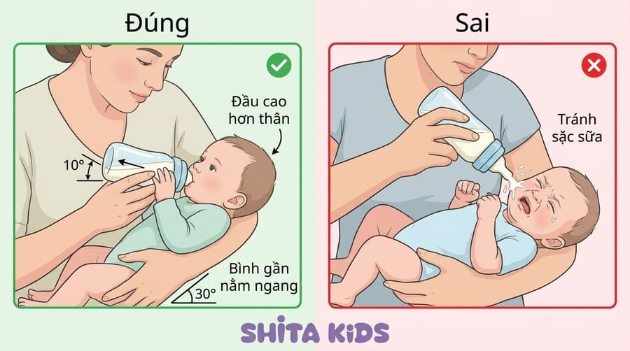 hướng dẫn tư thế cho bé bú bình đúng cách nghiêng 30 đến 45 độ tránh sặc sữa