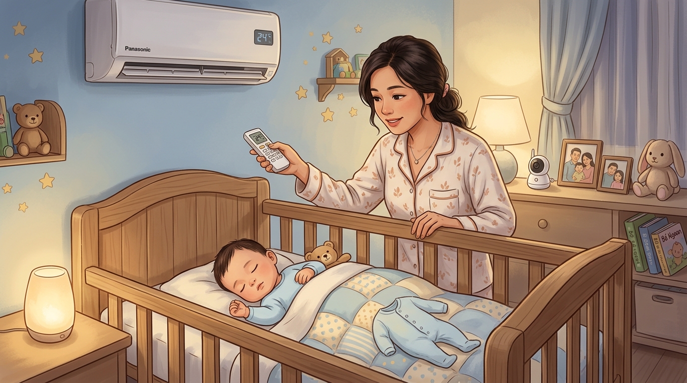 Mẹ điều chỉnh nhiệt độ điều hòa trong phòng bé ngủ an toàn, tránh viêm họng mùa hè