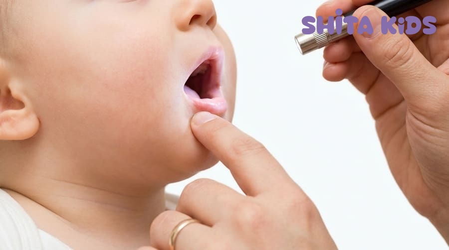 Kiểm tra miệng bé để phát hiện vết loét tay chân miệng giai đoạn đầu