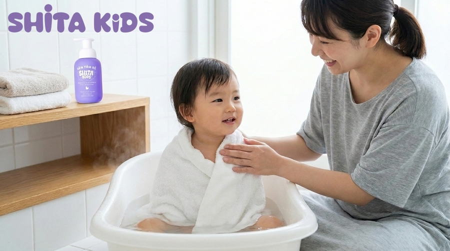 Tắm nhẹ nhàng bằng nước ấm hàng ngày giúp bé bị tay chân miệng không bị bội nhiễm