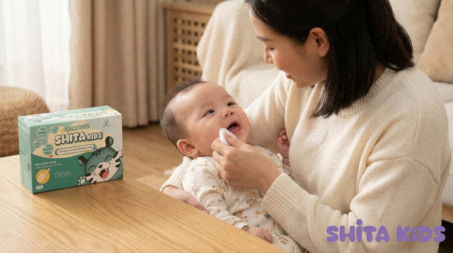 gạc rơ lưỡi ShitaKids giúp mẹ vệ sinh răng miệng cho bé sau ăn hiệu quả