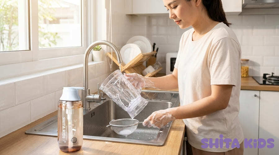 sủ dụng nước rửa bình ShitaKids để vệ sinh dụng cụ ăn cho bé