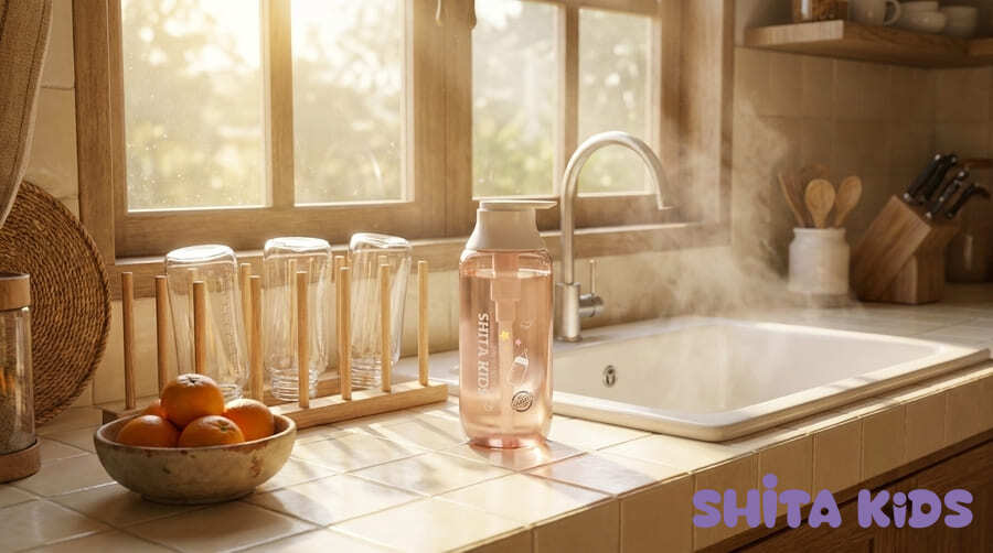 nước rửa bình sữa ShitaKids bên cạnh dụng cụ làm bột ăn dặm 
