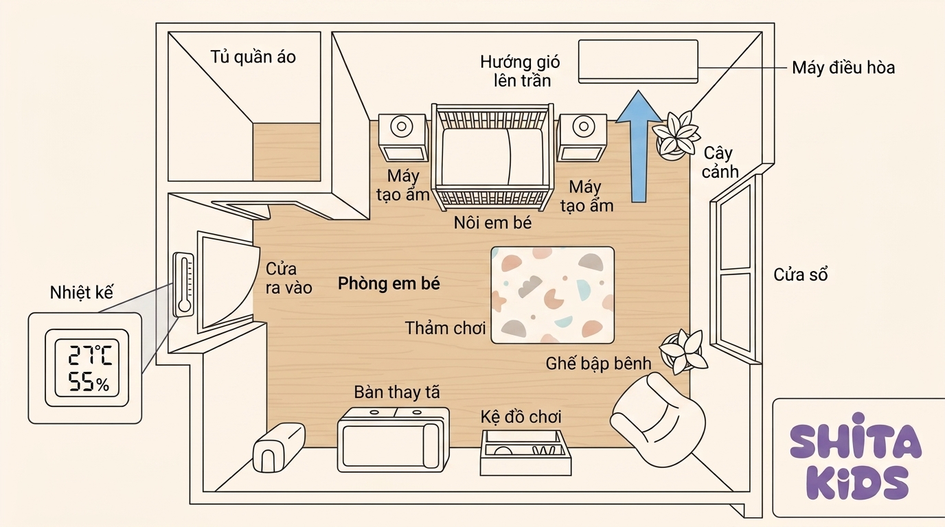 Sơ đồ bố trí phòng bé đúng cách nhiệt độ 27 độ hướng gió không thổi thẳng vào cũi
