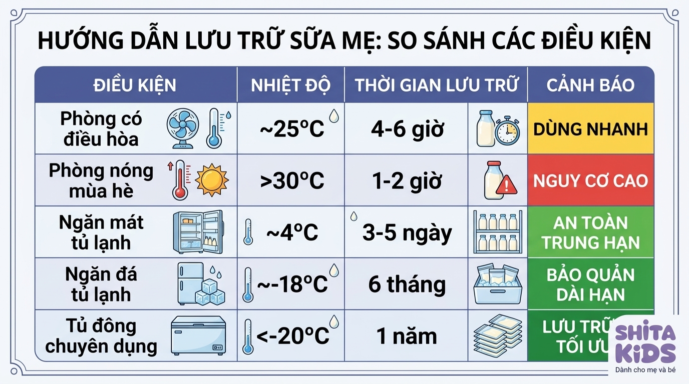 Bảng thời gian bảo quản sữa mẹ mùa hè theo từng điều kiện nhiệt độ từ để ngoài đến tủ đông