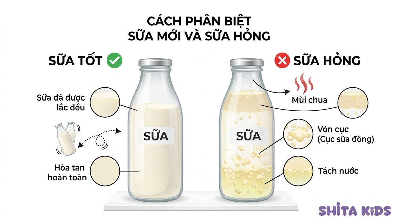 Phân biệt sữa mẹ tách lớp bình thường và sữa đã hỏng qua màu sắc vón cục và mùi chua