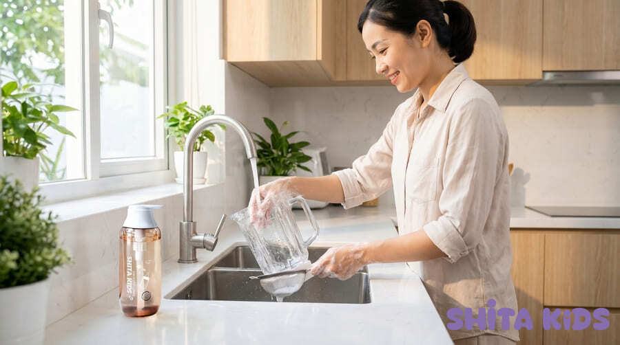 mẹ rửa bình sữa bằng nước rửa bình ShitaKids sau bữa ăn dặm mát giải nhiệt cho bé mùa hè