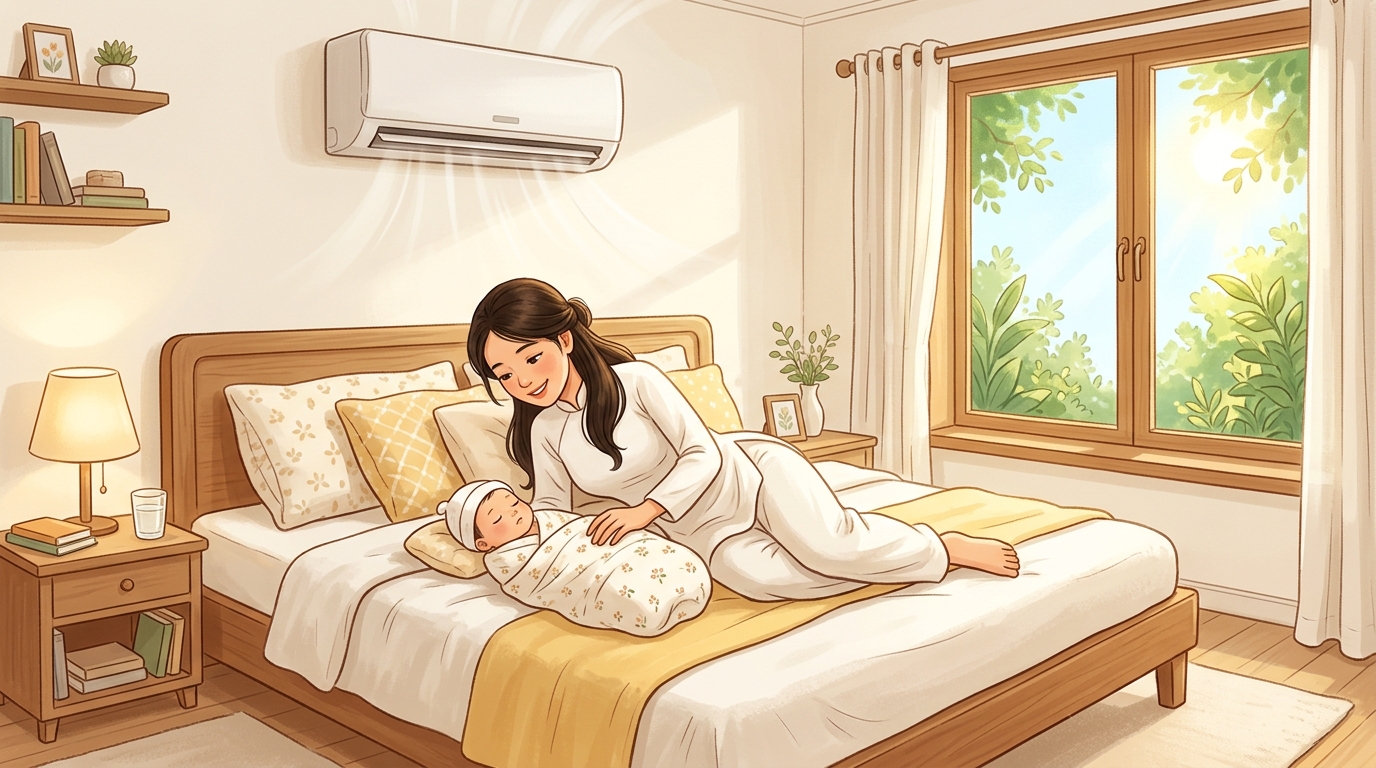 Mẹ sau sinh mùa hè nằm điều hòa đúng cách 26-28 độ cùng bé sơ sinh an toàn thoải mái