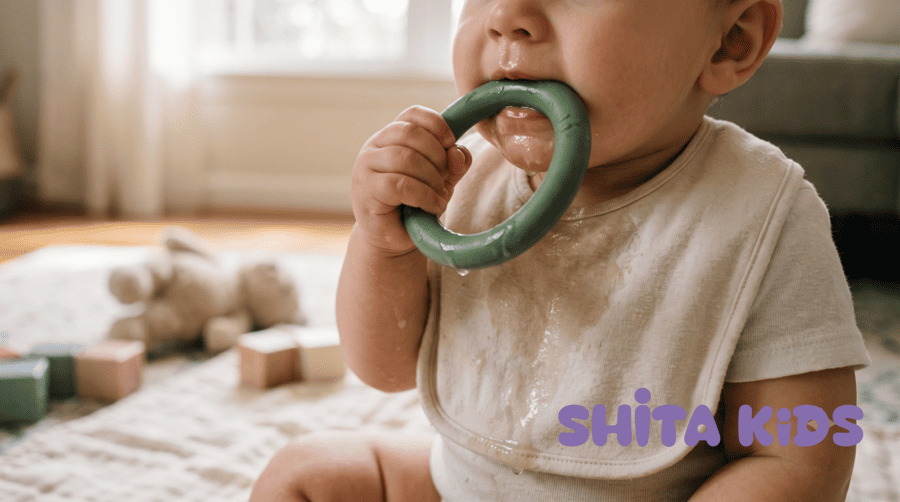 Bé chảy nhiều nước dãi và gặm vòng ngậm nướu, dấu hiệu trẻ mọc răng thường gặp trước khi răng nhú
