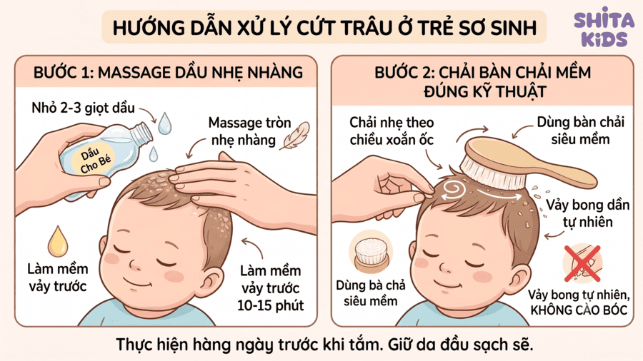 Cách xử lý cứt trâu ở trẻ sơ sinh bằng massage dầu nhẹ nhàng, sau đó chải bằng bàn chải mềm đúng kỹ thuật để vảy bong dần tự nhiên