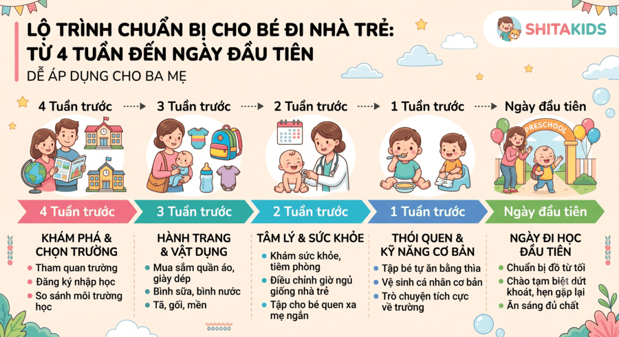 Lộ trình chuẩn bị cho bé đi nhà trẻ theo mốc thời gian cụ thể, từ 4 tuần trước đến ngày đầu tiên, giúp ba mẹ dễ áp dụng