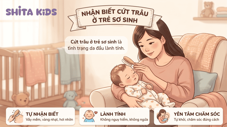 Cứt trâu ở trẻ sơ sinh là tình trạng da đầu lành tính, hình ảnh minh họa tổng quan giúp mẹ dễ nhận biết và yên tâm hơn khi chăm sóc bé