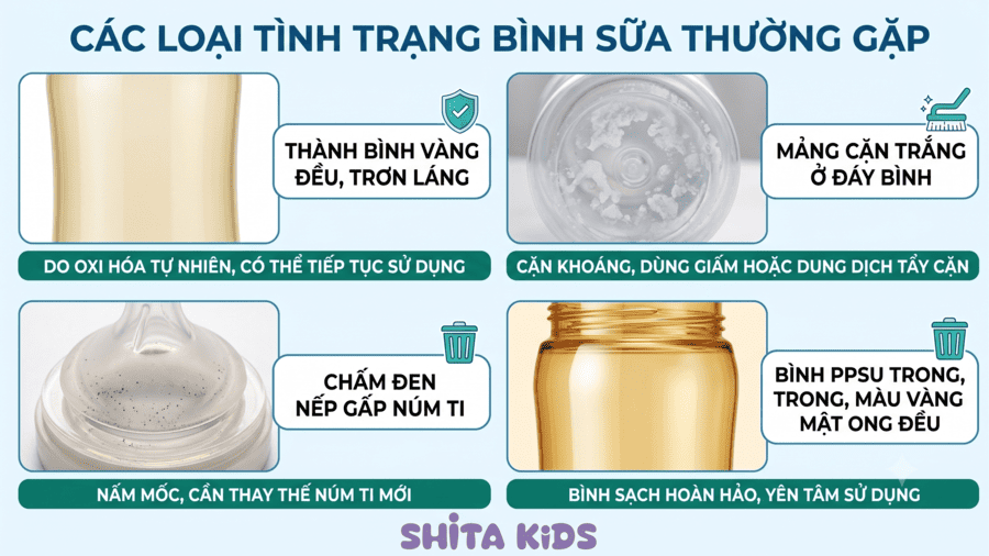 Infographic phân biệt bốn loại vết trên bình sữa bị ố vàng gồm ố nhựa, cặn sữa, mốc đen và màu gốc của nhựa PPSU