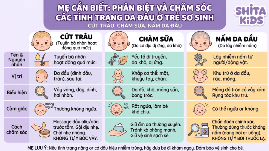 So sánh cứt trâu ở trẻ sơ sinh với chàm sữa và nấm da đầu qua infographic dễ hiểu, giúp mẹ phân biệt nhanh và chăm sóc đúng cách