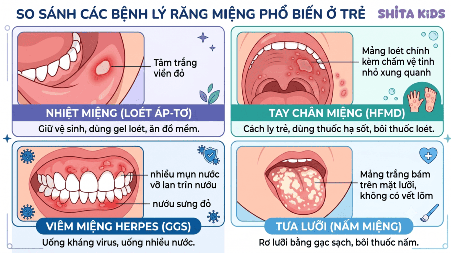 Bảng phân biệt nhiệt miệng, tay chân miệng, viêm miệng herpes và tưa lưỡi qua hình thái vết loét ở trẻ