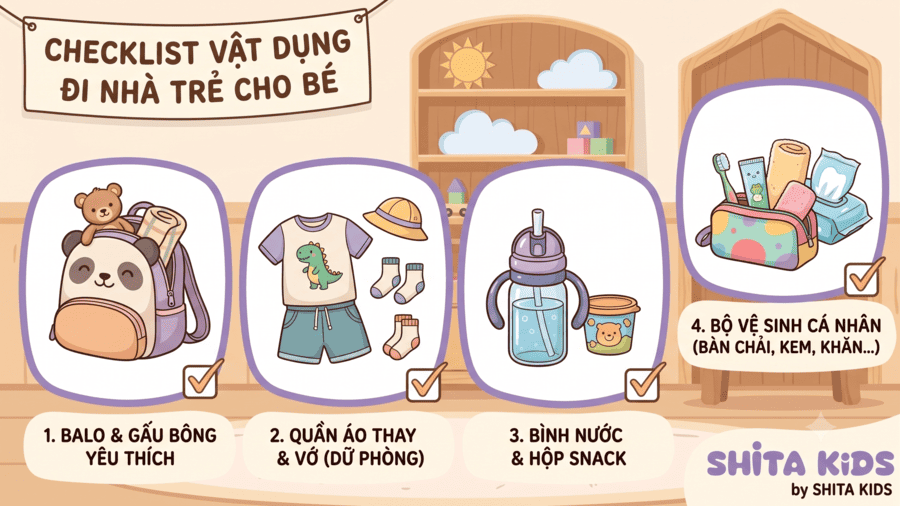 Checklist vật dụng cần chuẩn bị cho bé đi nhà trẻ gồm balo, quần áo, bình nước và đồ vệ sinh cá nhân đầy đủ nhất