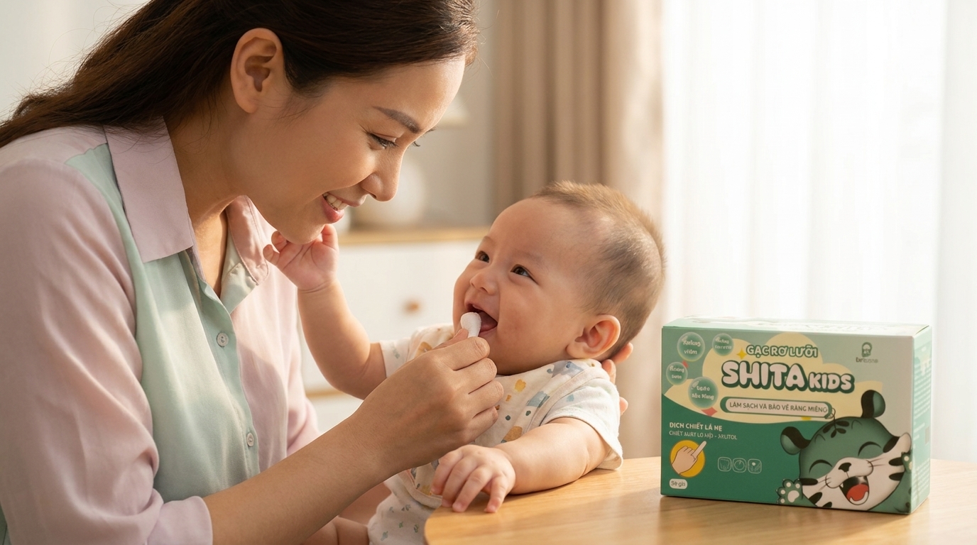 Gạc rơ lưỡi ShitaKids của Binicare dùng vệ sinh khoang miệng hàng ngày cho bé, đóng gói riêng lẻ tiệt trùng