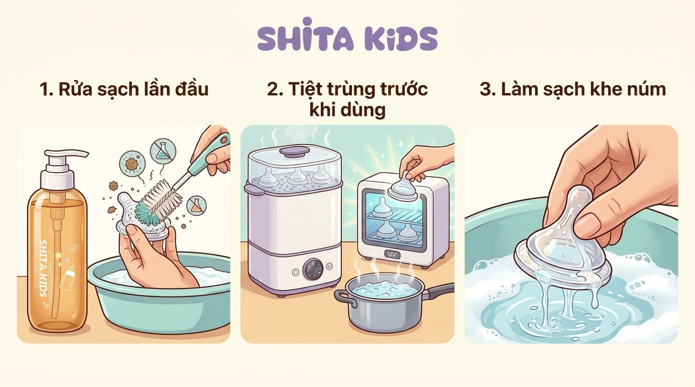 Hướng dẫn các bước vệ sinh và tiệt trùng núm ti bình sữa cho bé an toàn với nước rửa bình sữa ShitaKids