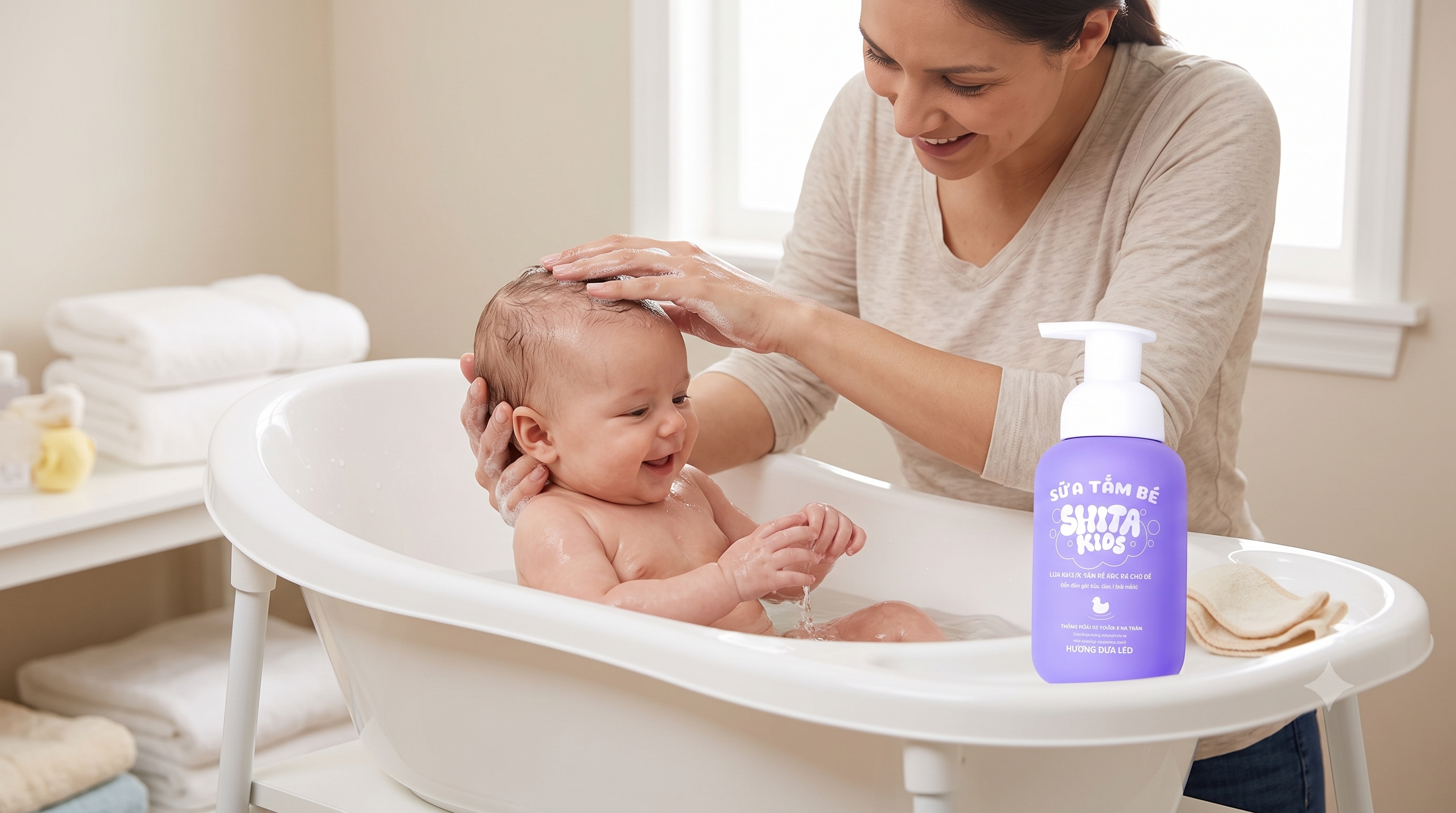 Mẹ tắm gội cho bé sơ sinh bằng sữa tắm 2in1 SHITA KIDS.