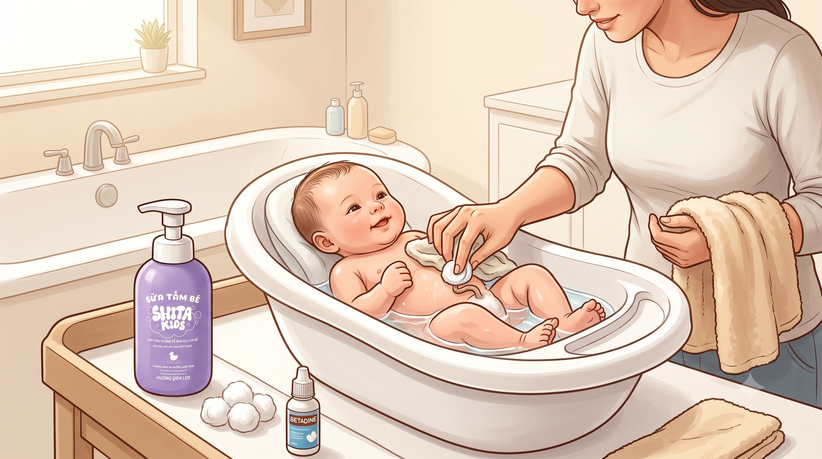 Mẹ tắm bé sơ sinh với sữa tắm SHITA KIDS.