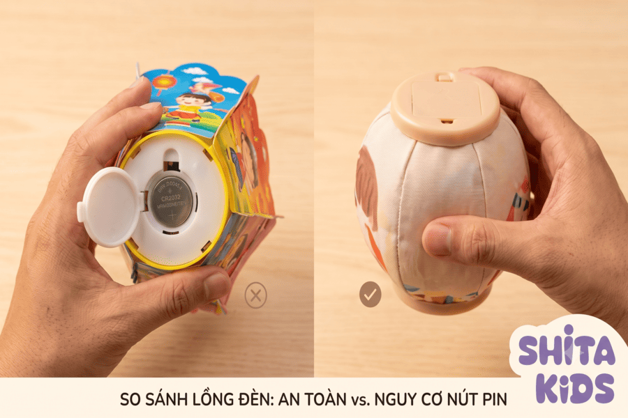 So sánh lồng đèn có pin cúc áo rời (nguy hiểm) và lồng đèn LED liền khối an toàn cho bé