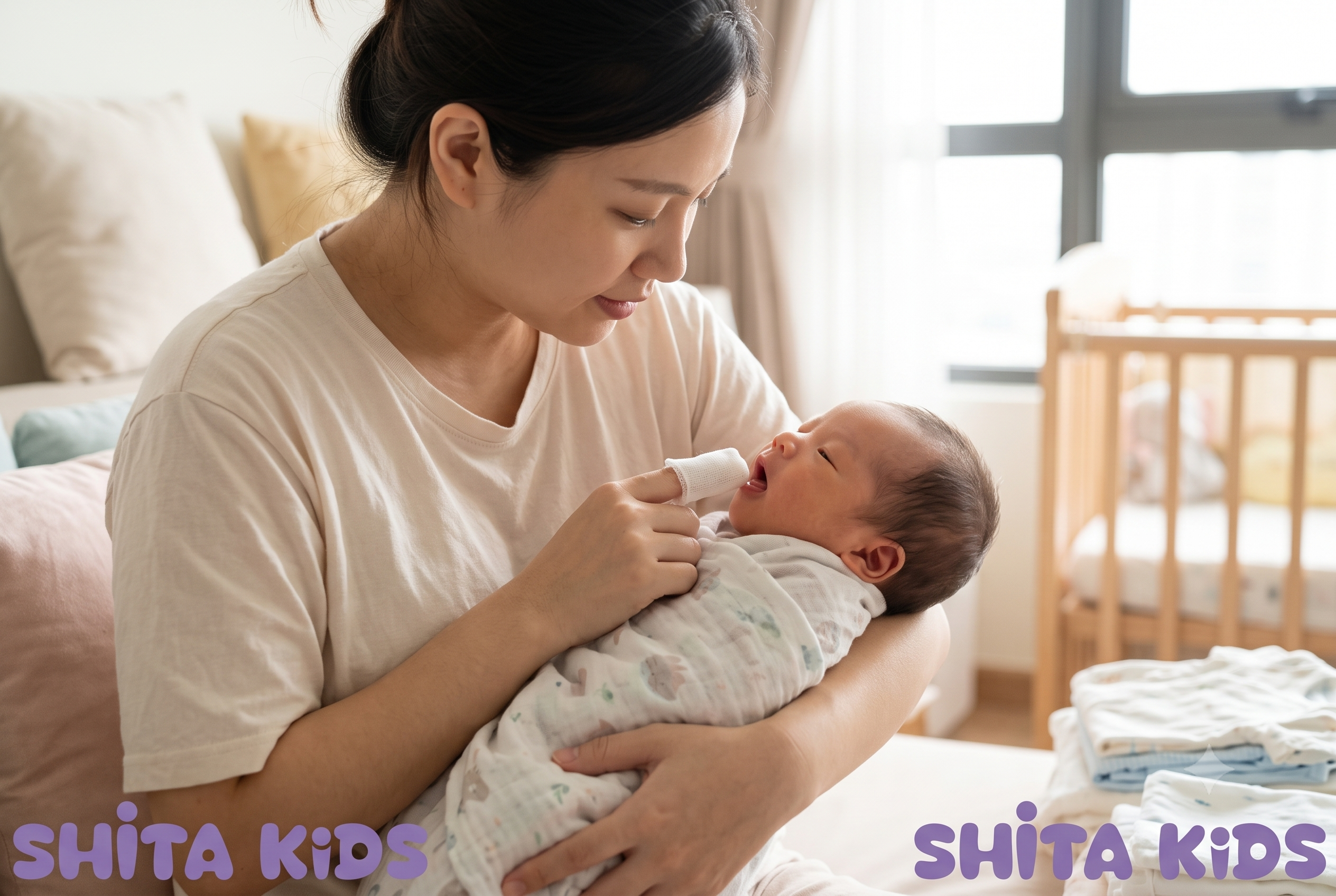 Trẻ sơ sinh mấy ngày tuổi rơ lưỡi được, mẹ đang thao tác nhẹ nhàng bằng gạc rơ lưỡi