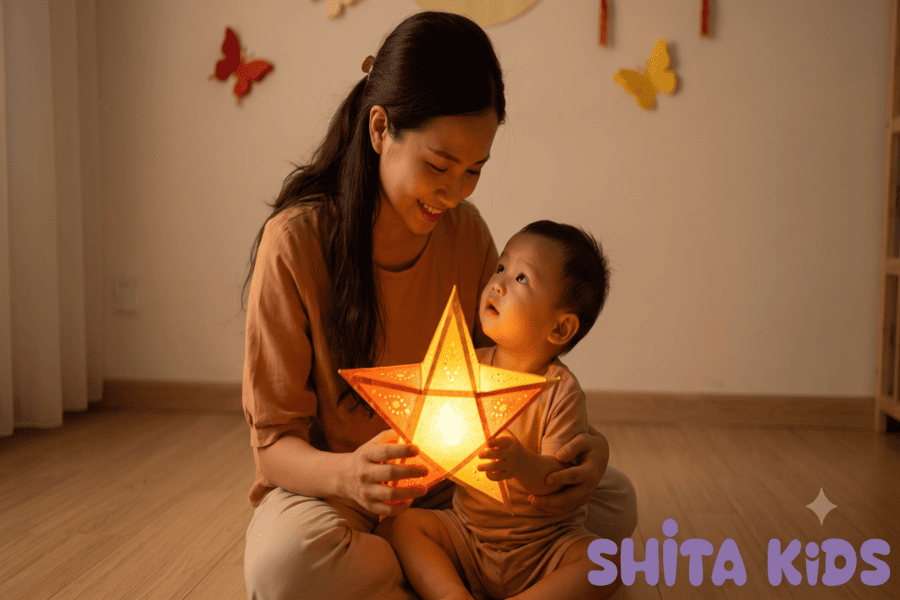 Mẹ và bé cùng chơi lồng đèn LED Trung Thu an toàn trong nhà